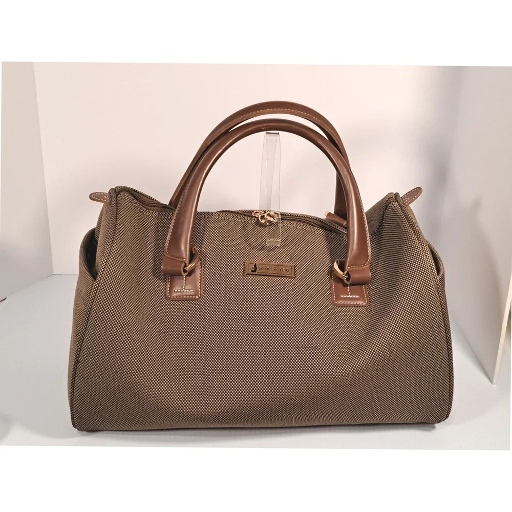 London Fog Brown Woven Satchel Bag Faux Leather Trim Gold Hardware Medium